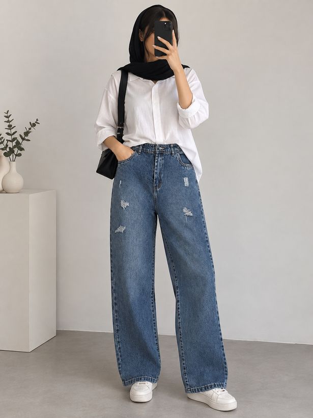 شلوار نیم بگ زاپ دار آبی کد ۱۹۴